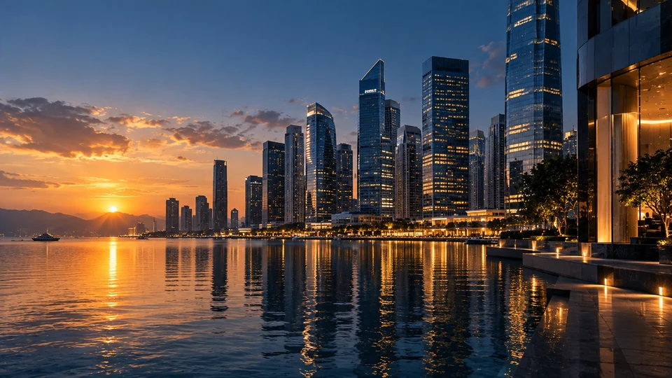International financial district at sunset
